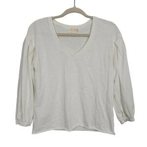 Nation Ltd White Puff Sleeve Top Sz XS‎ V-neck Cotton Neutral Simple Minimalist